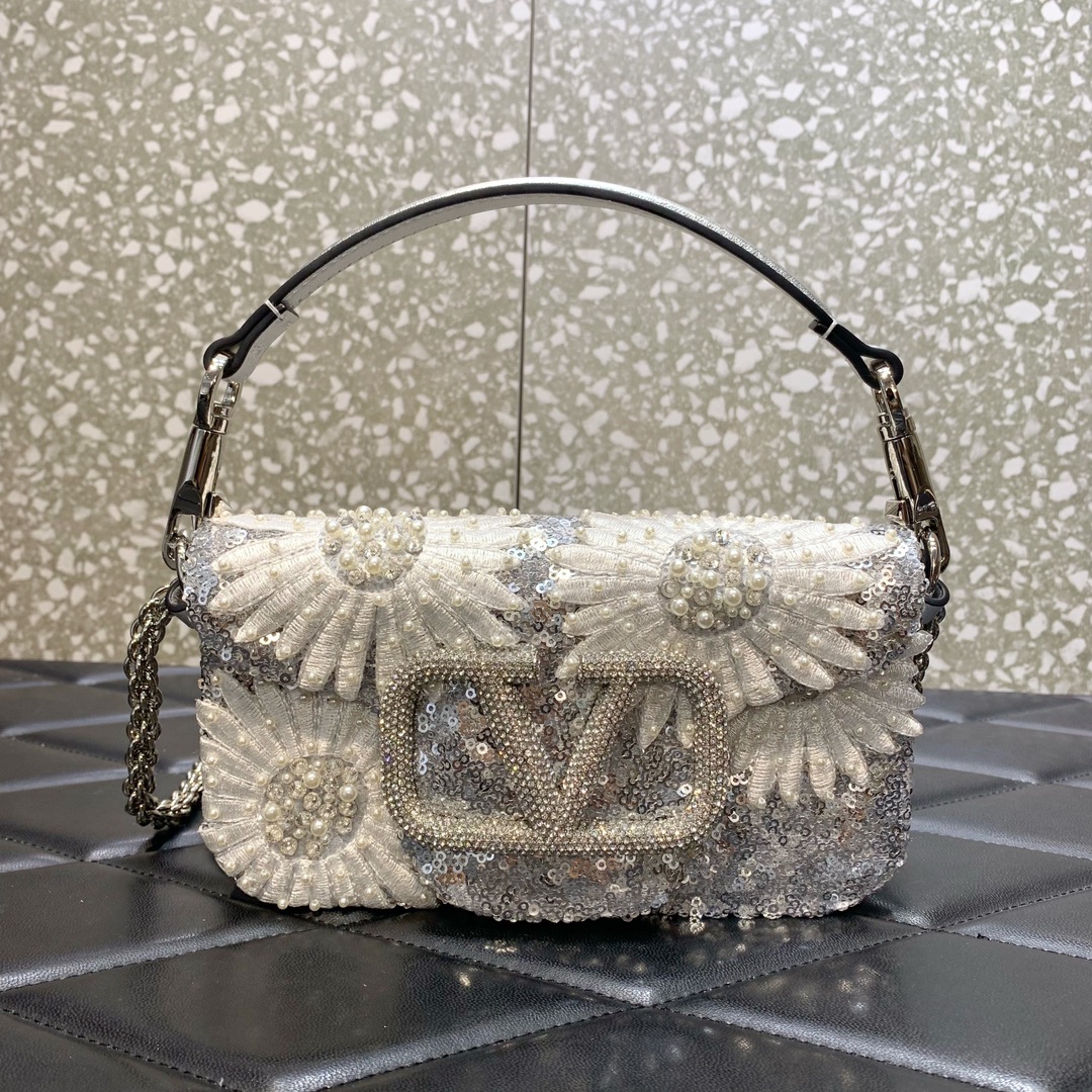 Valentino Garavani Loco Small Embroidered Shoulder Bag in Beige 